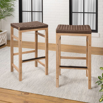 Armand 30" Modern Coastal Backless Acacia Wood Outdoor Bar Stool with Woven Rope Seat